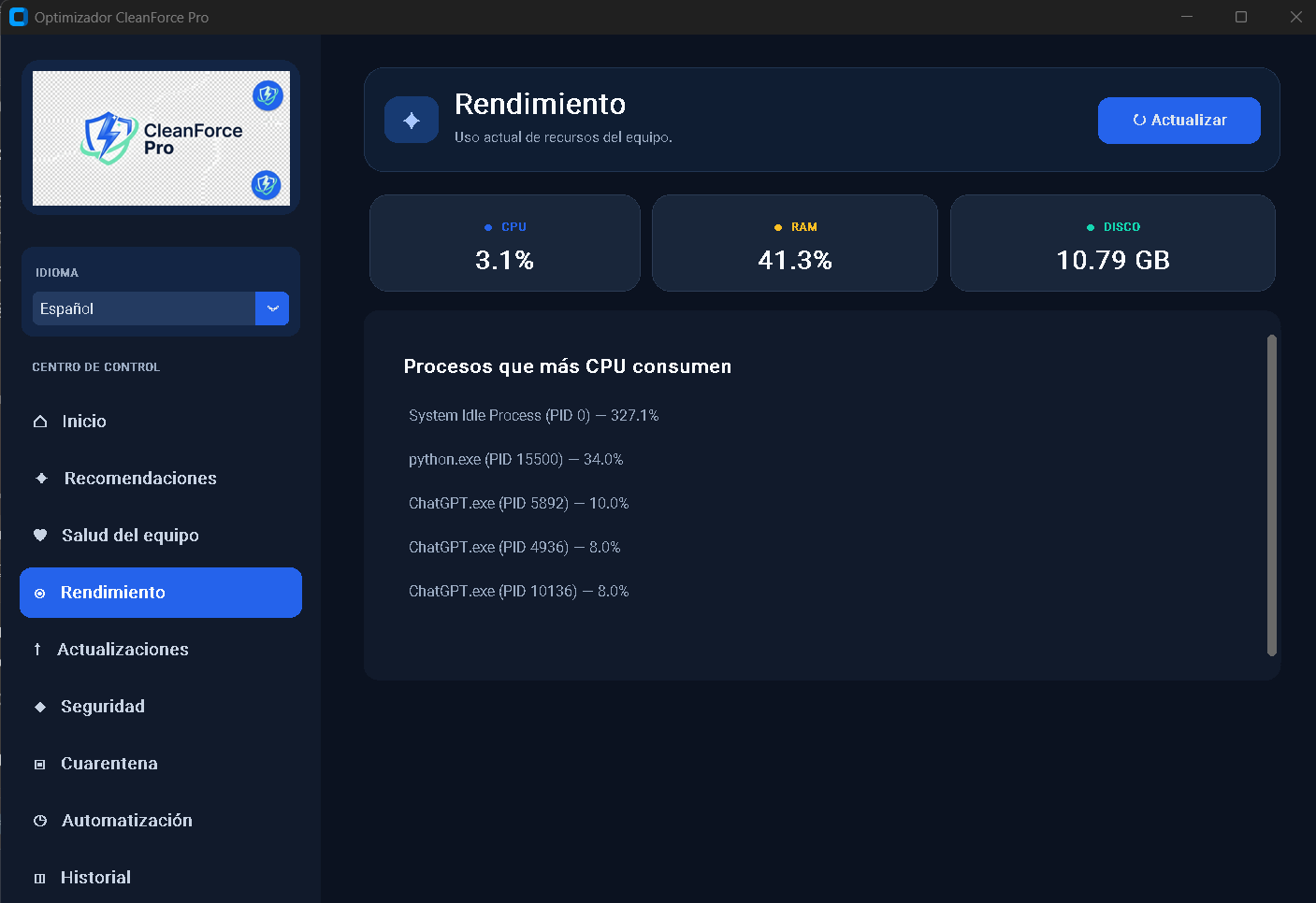 CleanForce Pro performance screen with CPU RAM and disk usage